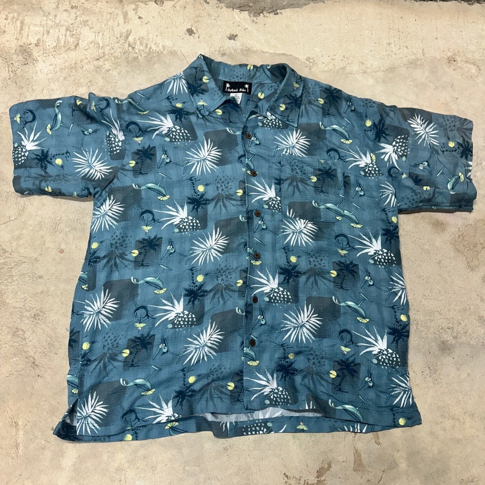 Outback Rider Mens L Hawaiian Shirt Martini Pineapple Blue Tropical Button Up